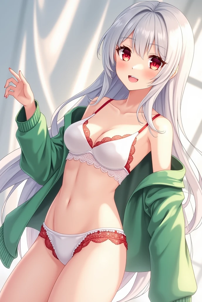 1 anime girl, by white, Red eyes, white eyelashes, in red lingerie