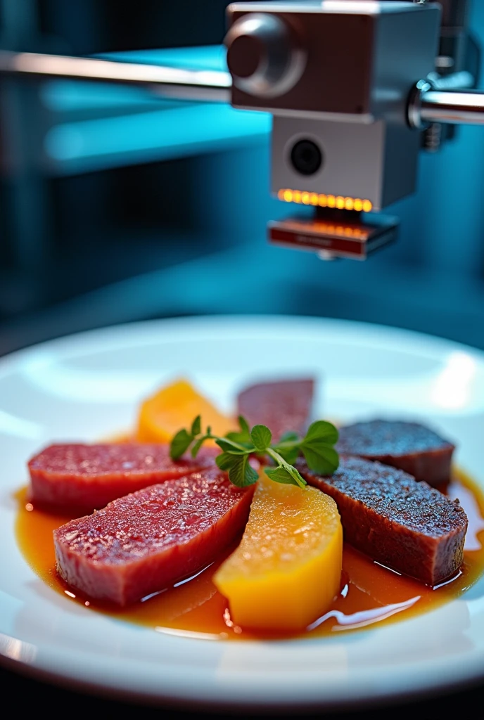 Image of a gourmet dish using various types of 3D printed meat, with precise details and modern appearance, or a working 3d printer, creating a colorful and innovative food.