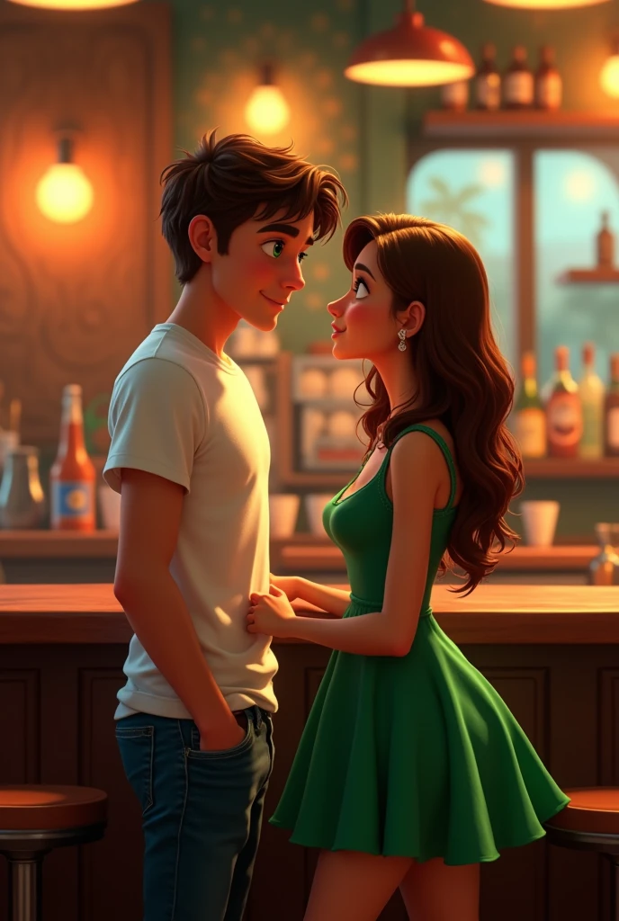 A young man with white t-shirt and jeans , brown hair and green eyes talking to a gorgeous girl with brown hair and green eyes wearing a green short dress in a bar , pixar style, cinematic, masterpiece, high-aesthetic, realistic