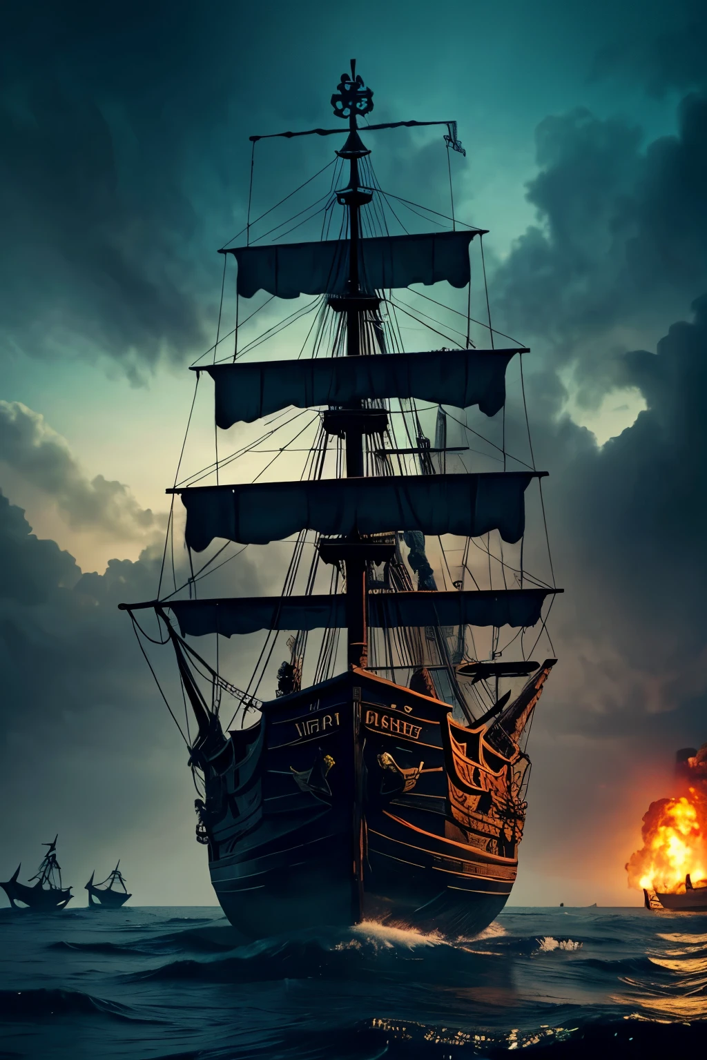 A pirate ship in a horror setting, with many corpses and traces of battle