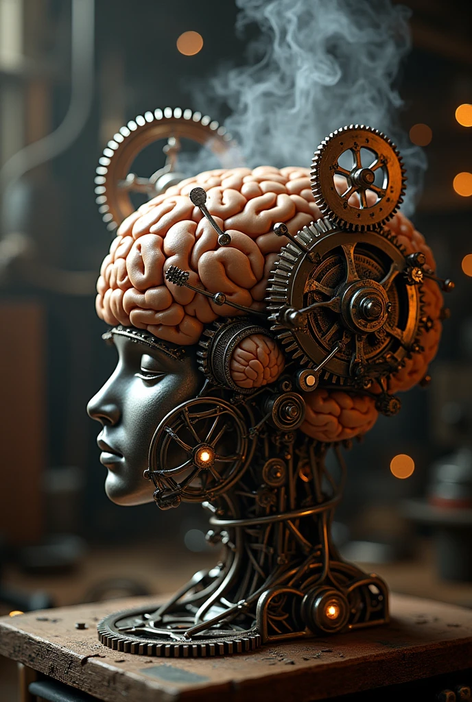 Mind like a Gear Machine**: A fusion between a human brain and a set of interconnected gears, symbolizing the functioning of the mind as a complex and precise machine.