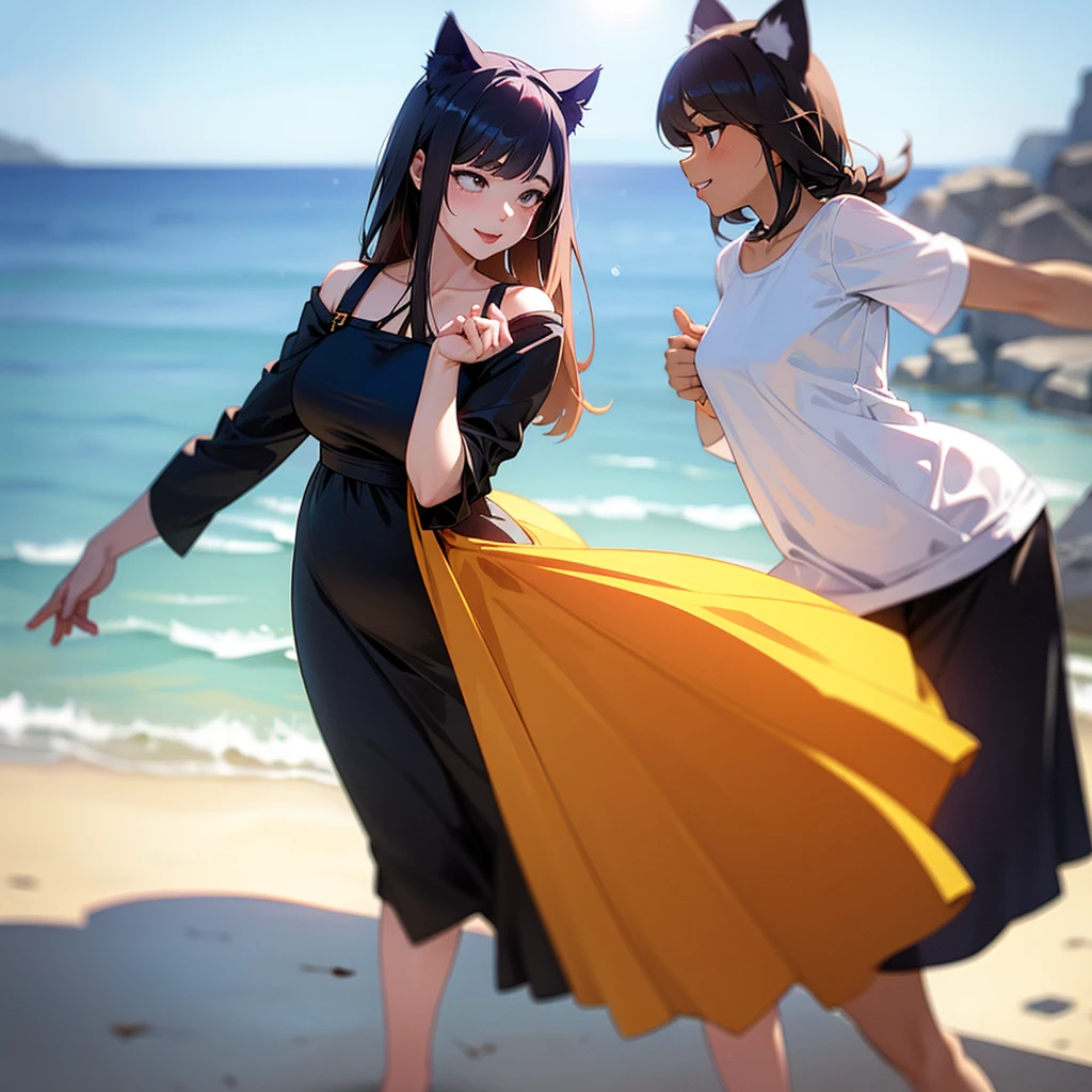 cat woman , wide hip , side strings summer dress , in the sunny sea side