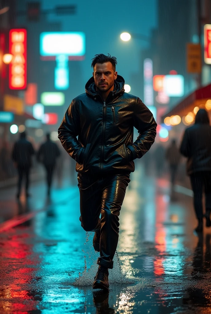man running in a jacket in the rain at night