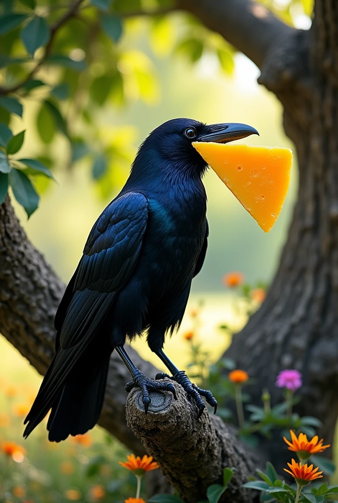 A raven in the tree with a cheese in its beak