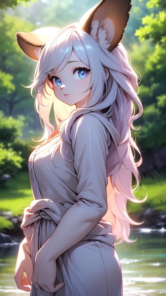 a beautiful sexy adult female otter mädchen with long light hair, blue eyes, a furry brown, wearing a light airy outfit, standing by a river under the sun, (best quality,4k,8k,highres,masterpiece:1.2),ultra-detailed,(realistic,photorealistic,photo-realistic:1.37),highly detailed face and eyes,detailed skin texture,detailed clothing folds,natural lighting,cinematic composition,vibrant colors,warm color palette