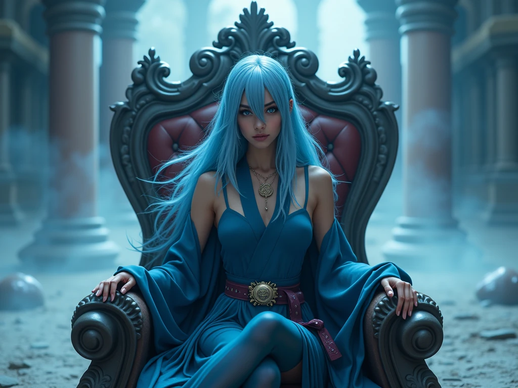 beautiful biracial latina woman, light blue hair, light blue eyes,large , akatsuki cosplay clothes, itachi bandana, sit on a throne, Landmark of the uchiha,Résolution Haute, Vues Multiples,