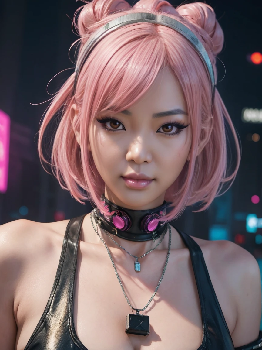 a close up of a person with pink hair and a chain around their head, artwork in the style of guweiz, inspired by Yanjun Cheng, hyper-realistic cyberpunk style, detailed digital anime art, guweiz, loish and wlop, beeple and jeremiah ketner, 8k high quality detailed art, cyberpunk style ， hyperrealistic