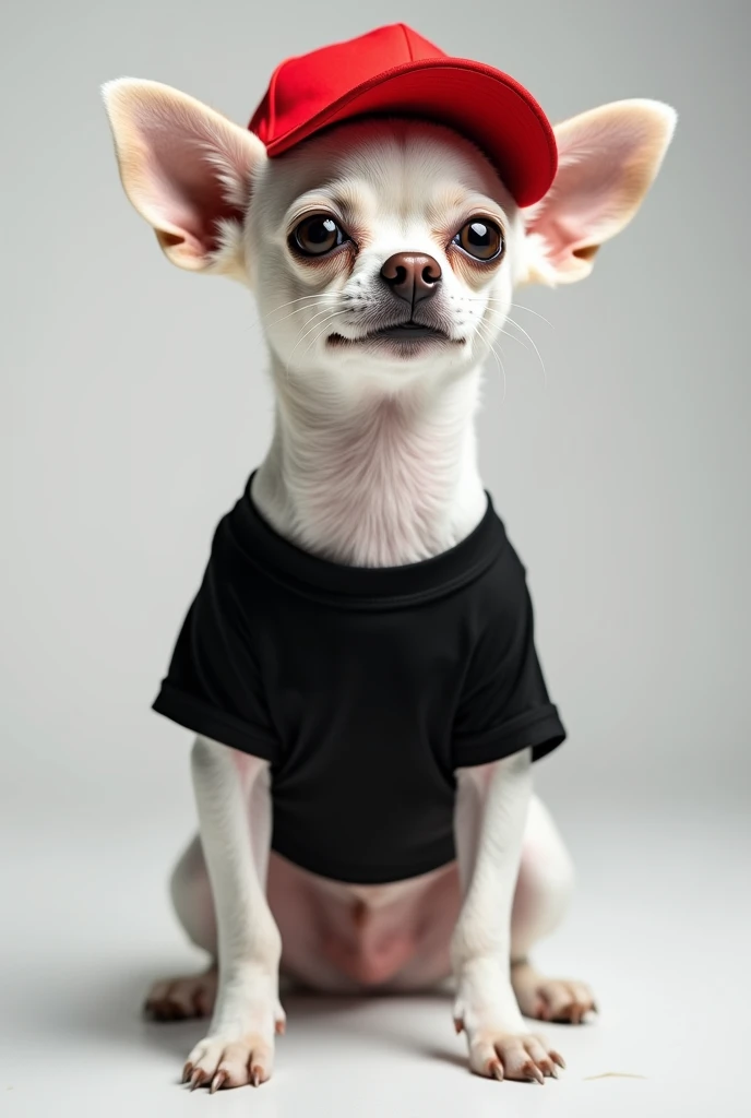 a white chihuahua dog, short fur, wearing a red baseball hat, hip hop style, simple clean modern black t-shirt, (best quality,4k,8k,highres,masterpiece:1.2),ultra-detailed,(realistic,photorealistic,photo-realistic:1.37),detailed fur texture,detailed facial features,detailed clothing,professional photography,dynamic pose,natural lighting,minimal background,clean modern style