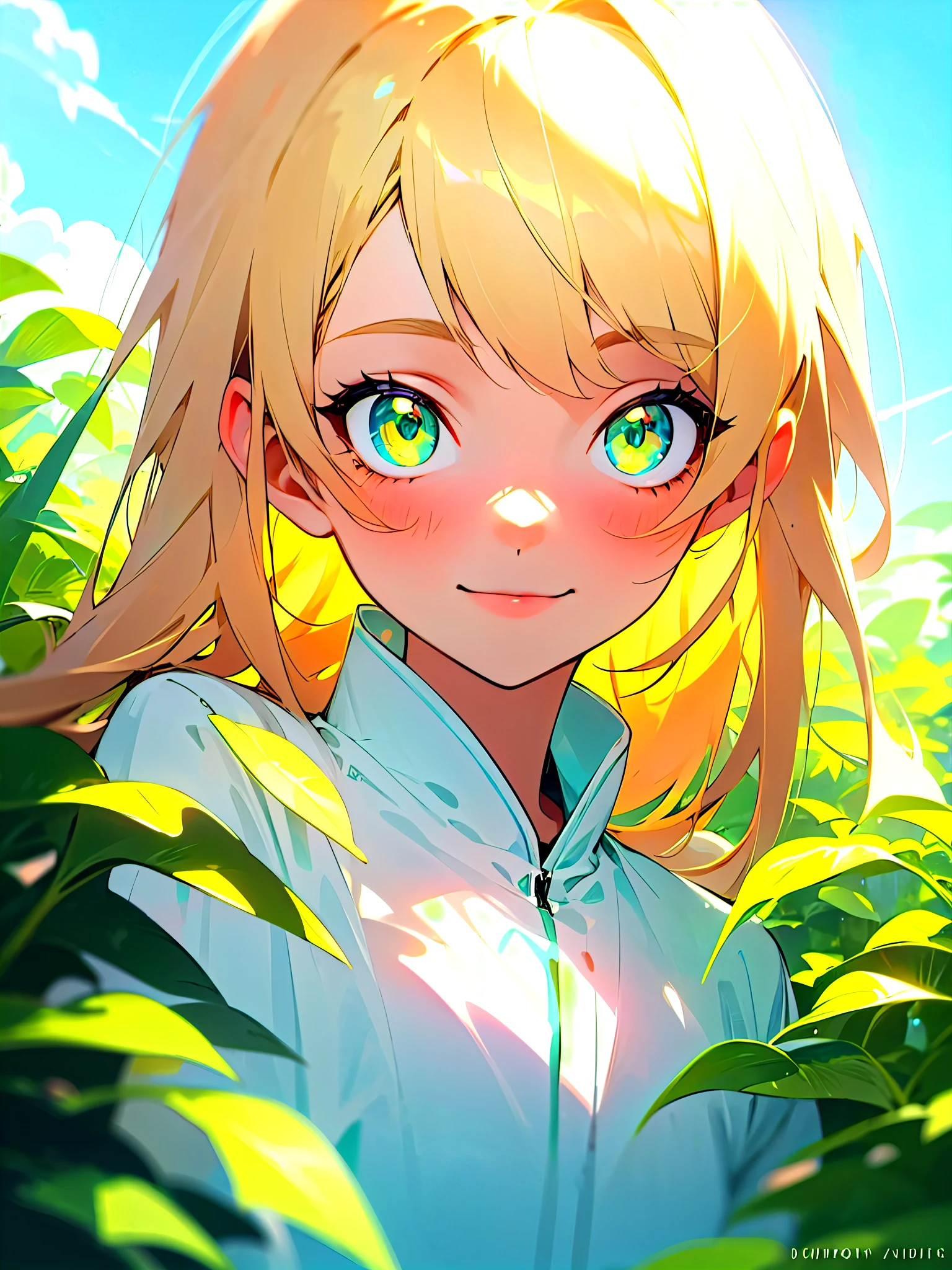 beautiful cute and gentle girl, hiding in the shrubs, blonde hair, green emerald eyes are glowing, shiny azure background with sky and clouds, mysterious look with gentle smile, blur and soft colors, non-portrait