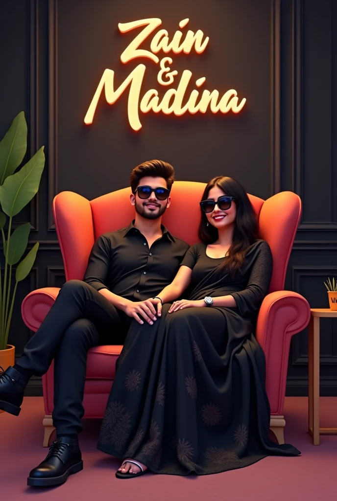 Create a 3D illustration for a profile picture of an 22-year-old couple sitting comfortably in a wing chair. The boy is wearing a black shirt pants and sunglasses, and the girl is wearing a black saree and sunglasses. “Zain” and “Madina” are written in large font on the black wall in the background.