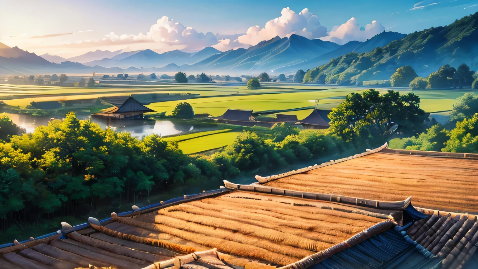 part々A peaceful countryside scene with fields. Several people are working in the field, Some people cultivate rice、Some people raise water buffalo. A traditional thatched roof hut can be seen on the left, Stacked. rear, Lush green mountains partially shrouded in mist々There is. Above the scene, A flock of birds is flying towards the horizon. Judging by the lighting、It's possible either early morning or late evening.。, A warm atmosphere pervades the entire scene. This photo shows、Interesting in capturing traditional farming methods in a peaceful and beautiful environment。.