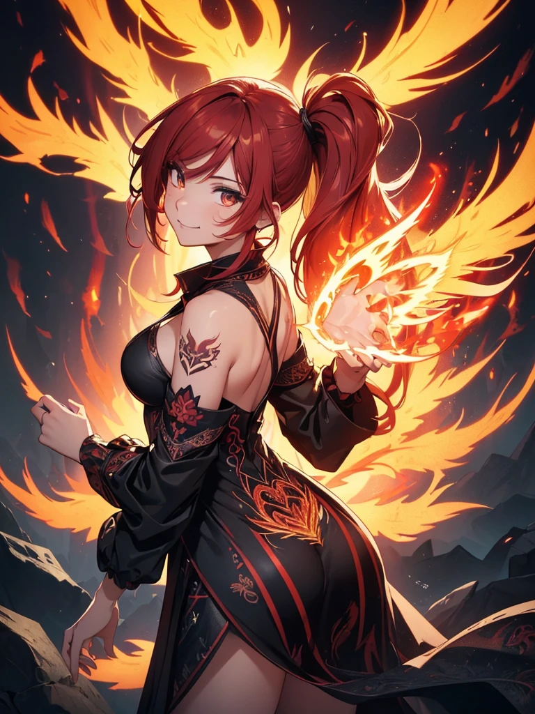 (((best quality, sharp image, clear image, cinematic lighting, 8k resolution, masterpiece, ultra detailed, intricate))) Girl casting magic, (((looking over left shoulder))), (shot from behind), ((shot from hip up)), fiery red hair, pigtails, ((intricate black dress)), ((flaming sigils, flaming runes)), spiky rock formations, (flaming lotus flowers frame), (intricate background), (chaotic background), ((Phoenix)), (swirling flames), smiling,tatoo on back