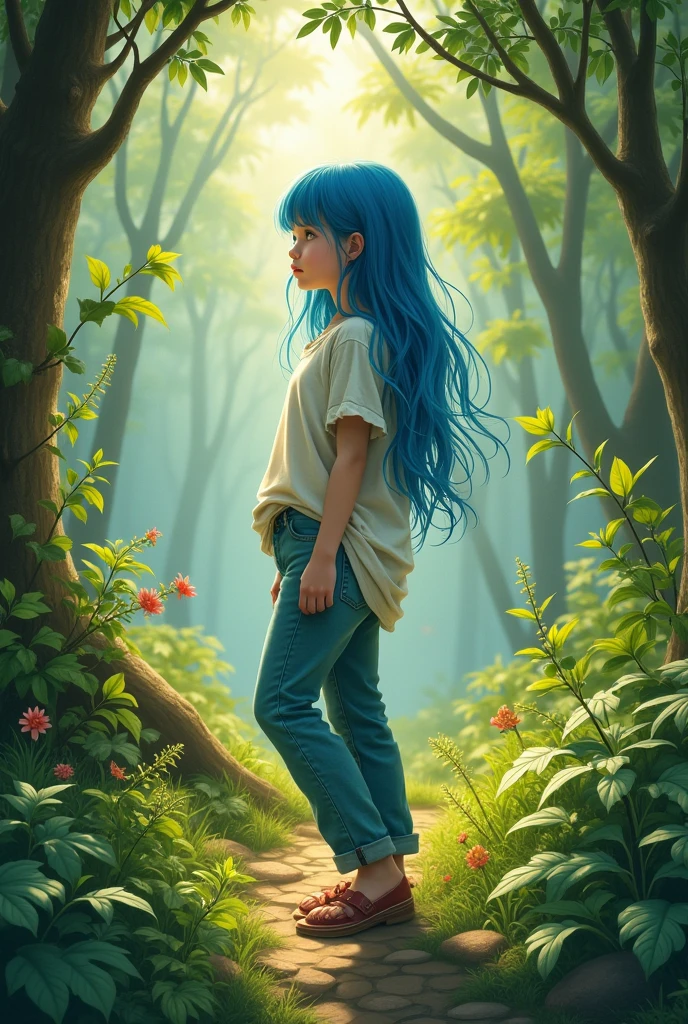 (photorealism:1.2), female child, standing in forest, wearing loose top, pants, long blue hair, outdoors, soft lighting, plants in background, relaxed pose, realistic, intricate details, warm colors, by Greg Rutkowski, by Alphonse Mucha
