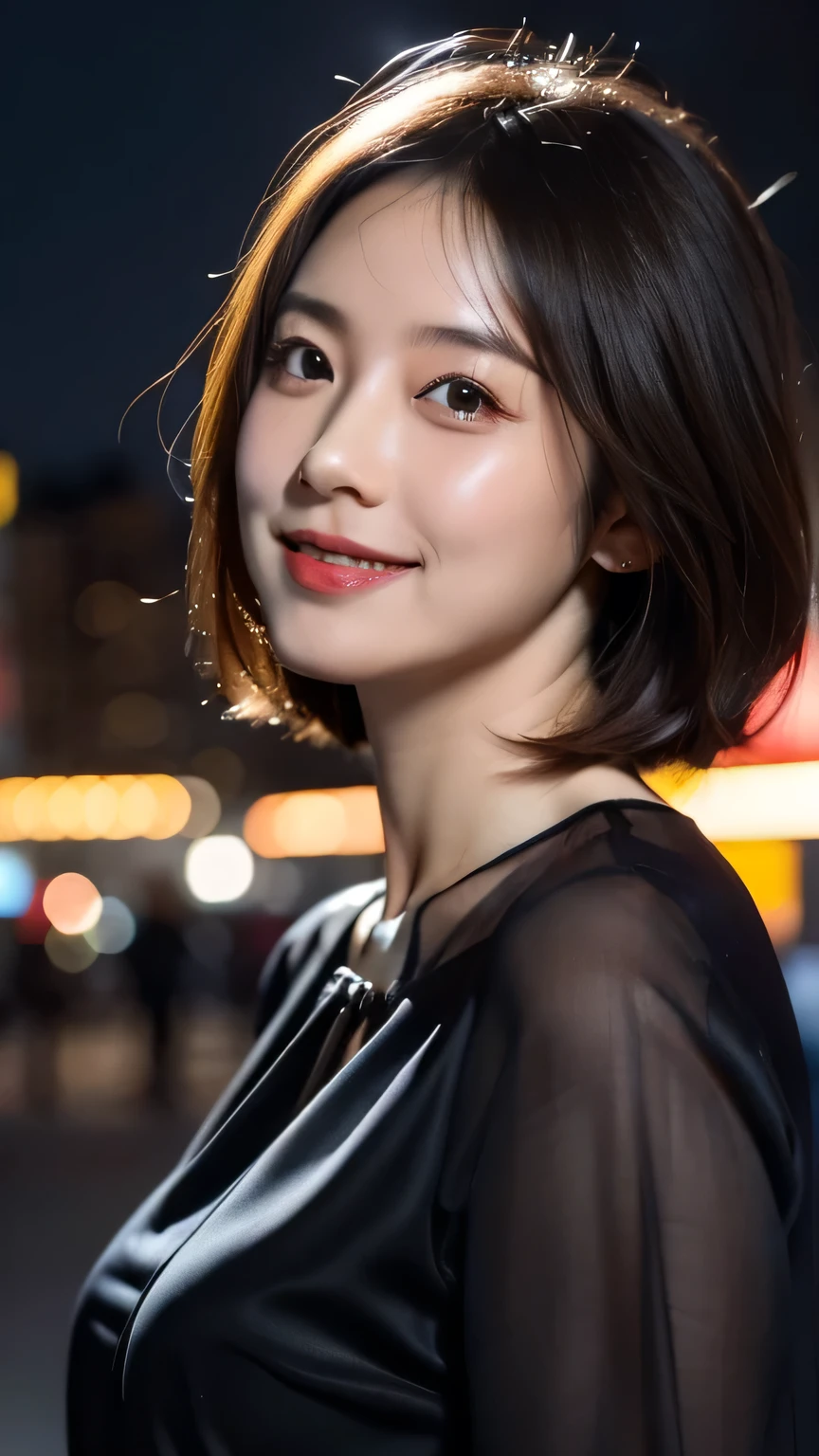One 28-year-old woman, Japanese, (Wearing a silk blouse:1.2), Short wavy hair, 大きなsmile, (RAW Photos, Highest quality), (Realistic, photo-Realistic:1.4), masterpiece, Very delicate and beautiful, Very detailed, 2k wallpaper, wonderful, In detail, Very detailed CG unity 8k wallpaper, Very detailed, High resolution, Sharp focus, Soft Light, Beautiful detailed, Very detailed eyes and face, Beautifully detailed nose, Beautiful attention to detail,Cinema Lighting,City lights at night,Perfect Anatomy,Slender body,smile , Close-up photo focusing on upper body、background:Big city at night