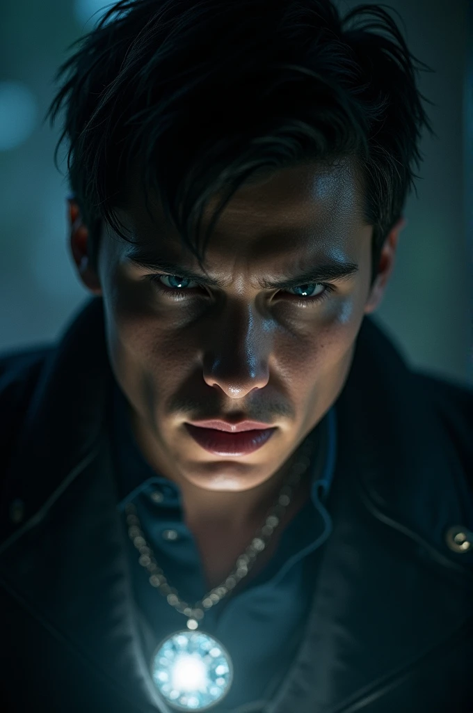 A close-up of Eli's face, illuminated by the faint glow of a mysterious amulet hanging around his neck. His expression is determined, but there's a flicker of fear in his eyes. The amulet seems to pulse with a light of its own, casting strange, twisting shadows on his skin.