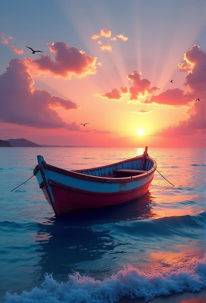 a small boat on the ocean with a beautiful and colorful sunset