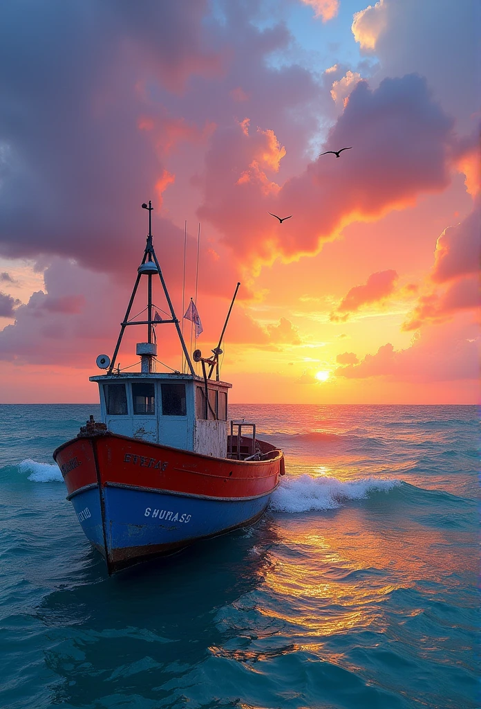 a small boat on the ocean with a beautiful and colorful sunset