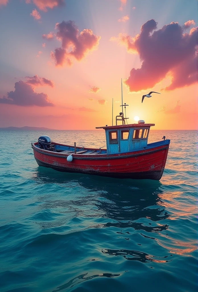 a small boat on the ocean with a beautiful and colorful sunset