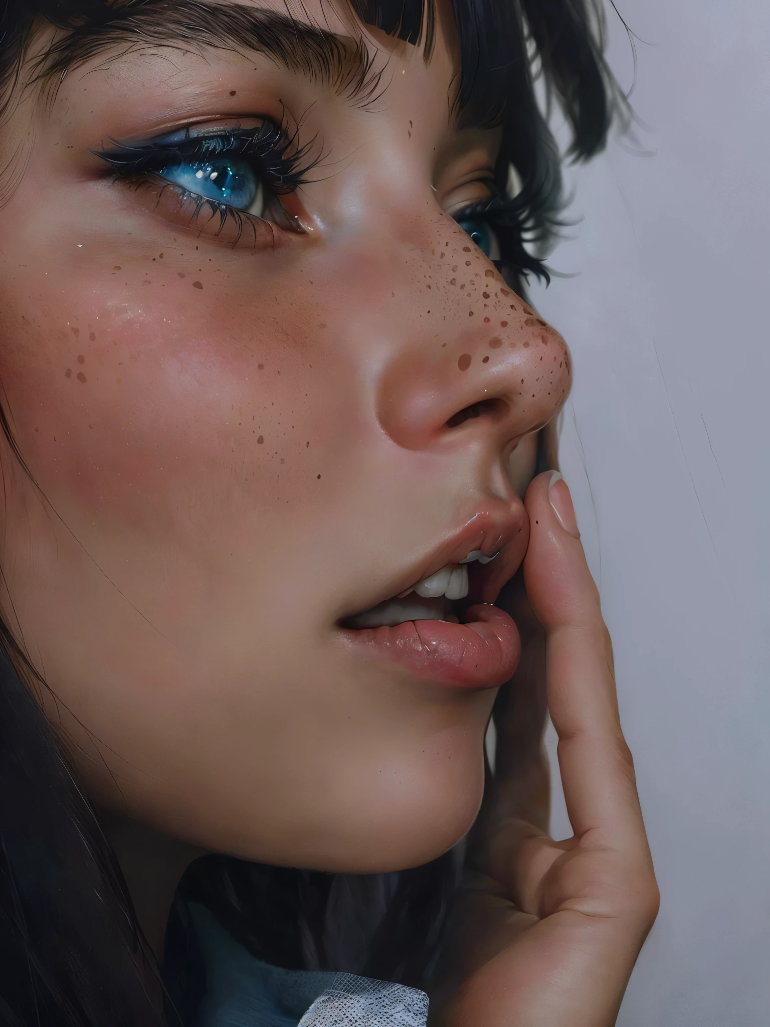 there is a woman with pecas on her face and a blue shirt, pecas on the nose, small nose with pecas, pecad, pecad face, pecas, hint of pecas, peca, light pecas, light cute pecas, with pecas, white pecas, small pecas, soft pecas, cute pecas, slight pecas, primer plano rostro perfecto