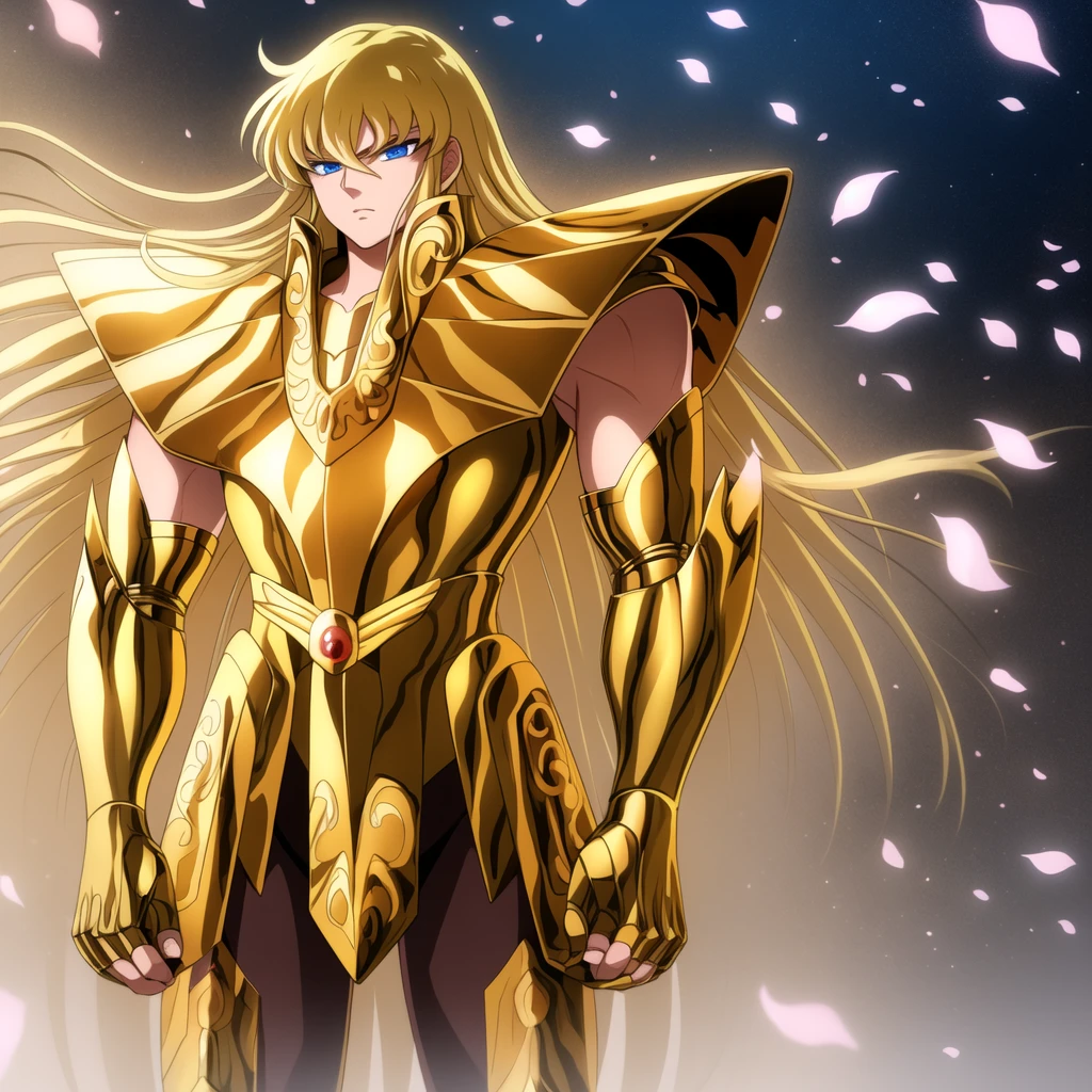 masterpiece, best quality, highres, 1 boy, alone, Virgo Shaka, /(Saint Seiya/), (open_eyes:1.5), perfect anatomy, detailed background, fingerless gloves, pauldrons, full golden virgin armor, cherry blossoms, outdoors, standing, field, (gold armor:1.5), shoulder armor, ultra detailed, clean skin, flawless complexion, perfect hands, perfect fingers, detailed hands, well-proportioned fingers, no extra fingers, focused face, detailed face, perfect face, perfect nose, perfect eyes, blue eyes, visible lips, clean face, perfect blonde hair, serious expression, centered, upper body shot from head to chest.