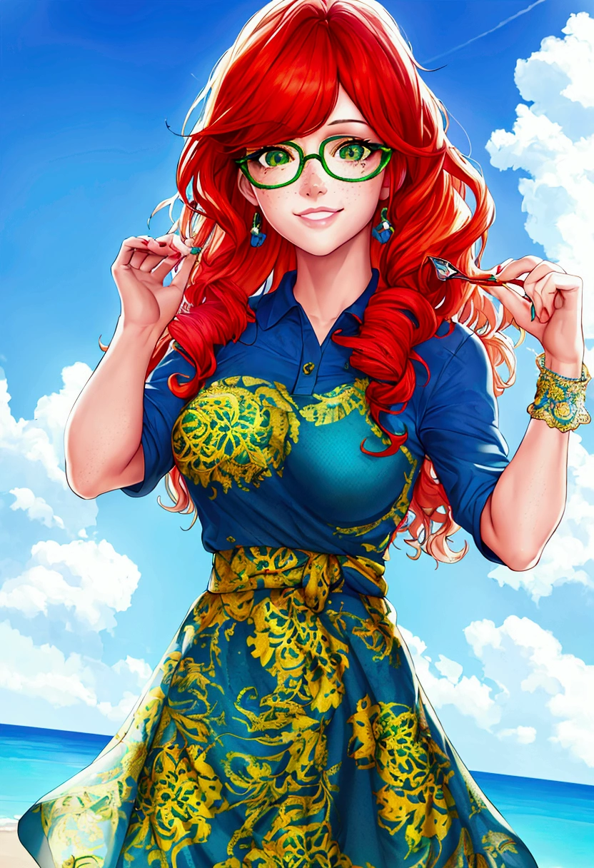 photorealistic, half-length portrait, a fashion smiling young woman, green eyes, red curly hair, freckles. wearing yellow round glasses, blue polo shirt, white background, high resolution, intricate details, 8k