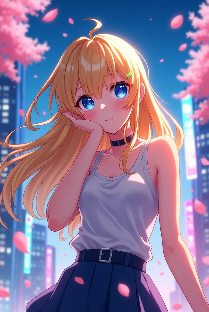 woman blonde hair, blue colored eyes, com cropped (anime styling)