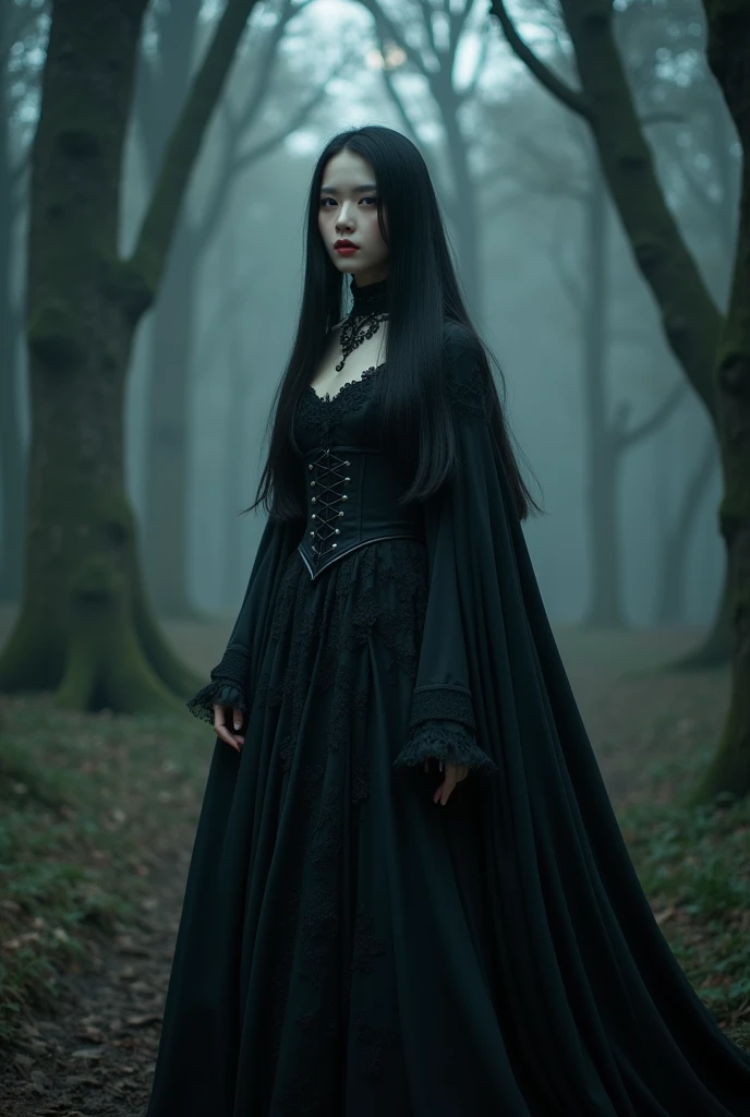 A 20 year old white woman (pale) with slightly Asian features (Kpop idol style), with long straight black hair, thin and with a slight scar on her nose, dressed in gothic dress and black cape