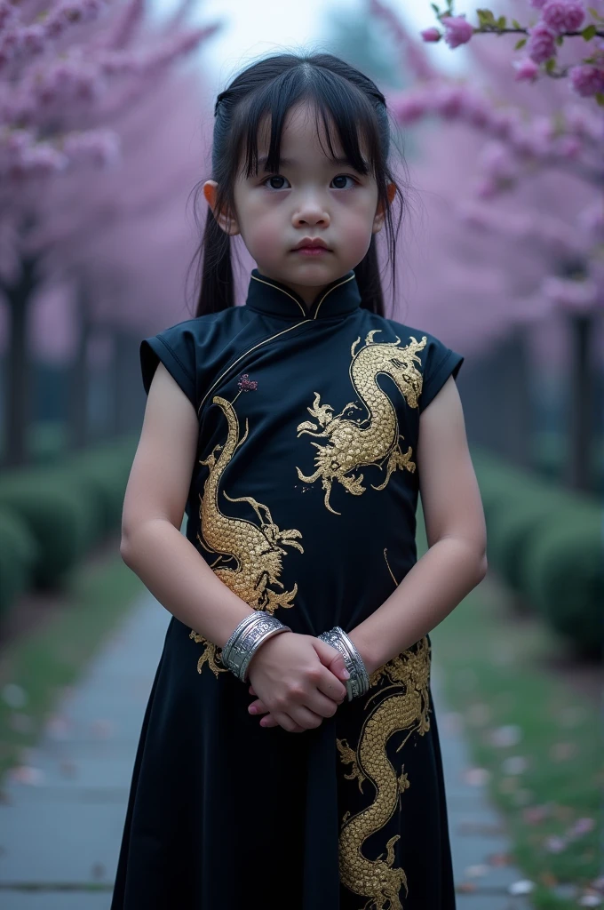 Une fillette de 9 ans en robe chinoise noire avec motifs de dragons qui porte des menottes aux poignets.