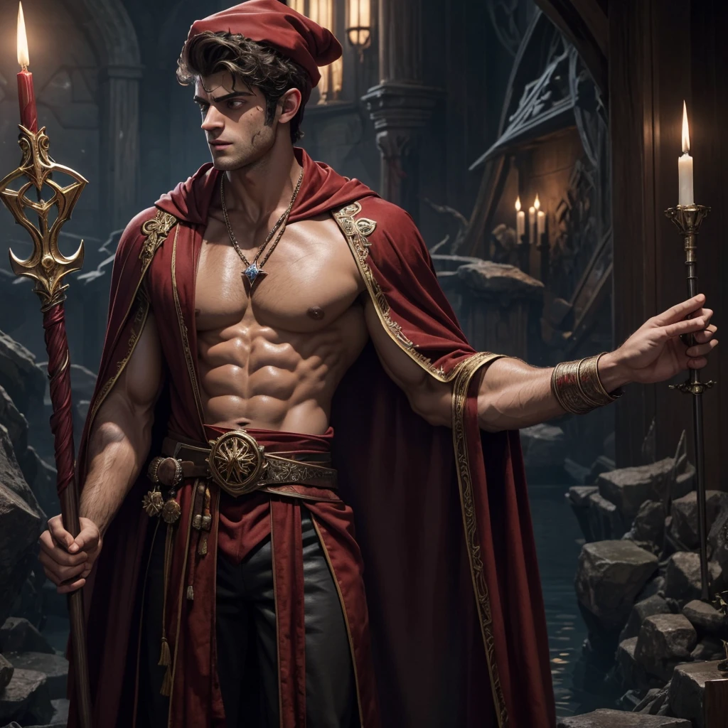a muscular handsome young wizard, matthew daddario, extremely detailed face, looking at the viewer majestically, blood red wizard robe, a wood wand with a blood crystal, sexy look, wizard hat, smooth skin, standing on a blood lake, doing blood magic, solo, only one man,