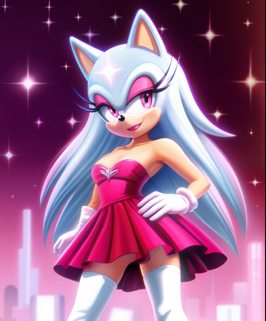 Mobian, Sonic OC, Stella Hotstar the female hedgehog, grey long hair, pink lipstick, pink eyes with sparkles, red heart shaped strapless dress with white trim, pink and white skirt, black and pink long gloves, boots, 1980’s retrowave in the background