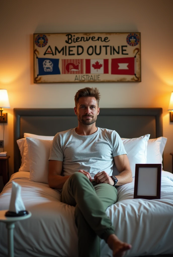 Homme caucasien grand de taille, charmant, un peu costaud, habillé en pantalon et tee-shirt manche longue, assis sur le lit dans une grande chambre d'hôtel et à côté du lit ou devant le lit il faut qu'il y ait une table et sur la table à côté du lit ou devant le lit il faut qu'il y ait un papier mouchoir déjà utilisé sur la table et sur le lit de l'hôtel qu'il soit déposer un cadre photo grand ou un peu grand qu'il est possible de faire arrêter sur le lit et faire face à la caméra et sur le mur du chevet du lit un tableau sur lequel il est écrit en français : Bienvenue à Melbourne AUSTRALIE et autour de la phrase qu'il y ait les emblèmes du Canada Québec ou le drapeau du Canada Québec