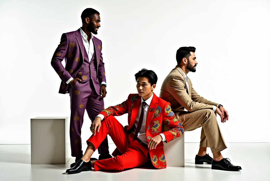 black guy wearing purple suit with african colorfull patterns standing side profile and looking back to the viewer , ((korean guy)) wearing red suit with chinese colorfull dragons sitting , ((turkish guy)) wearing beige suit with arabic colorfull patterns standing and posing , cinematic ,((posing different poses)) white background , photo shooting ,models ,full body , oversize pants, rings