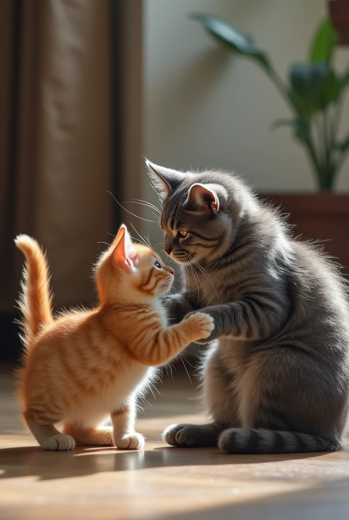 The orange kitten begins to feel freer as the gray cat continues to work, and the scene shows the bond between the two.
