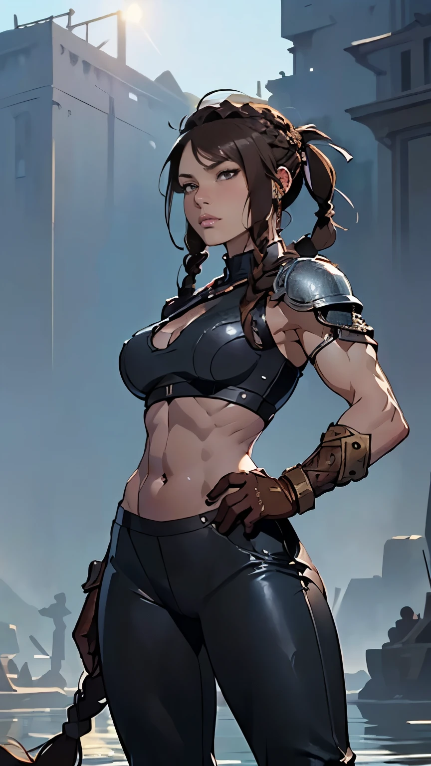photo of mlp Meowko, RAW, beautiful woman, ((portrait)), ((detailed face:1.2)), ((anime face, anime facial feature, clear skin, glossy anime lips, clear skin), (long ponytail haircut, brunette, Warrior braids: 1.55), (perfect proportioned body, Strong, muscular, narrow waist, narrow hips, skinny, large breasts, exposed belly button and abbs), ((she wears a detailed chainmail and leather, Brown leather, bare arms, simple Viking armor, leather combat pants, bare midriff, no gloves:1.1)), Viking ships on a river, (realistic photo, best quality, detailed), (8k wallpaper), (bright cinematic lighting, lens flares, beautiful light, (noon:1.3)) (sharp focus, intricate)