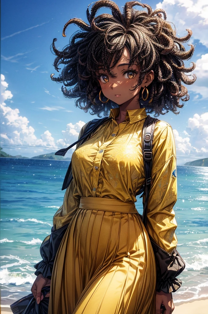 Ultra-realistic, 4k, professional photo, 22 year old girl, black girl, big curly hair, HDR, detailed face, medium body, yellow skirt with flower, (open blue shirt), Masterpiece, (lighting), (1solo), beach background, realistic background, realistic photo