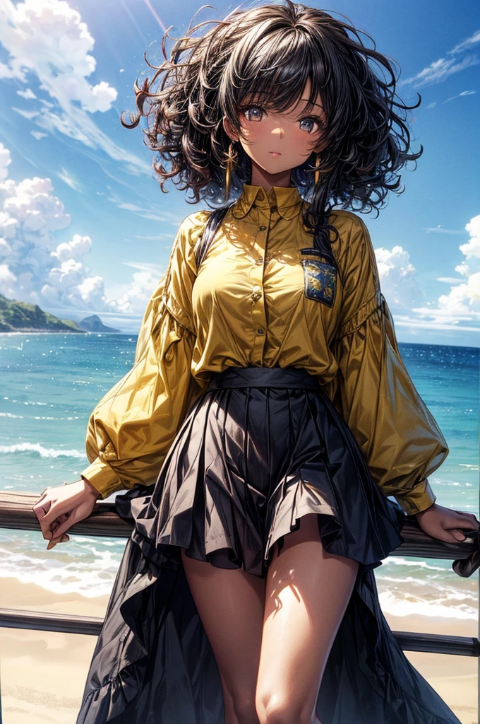 Ultra-realistic, 4k, professional photo, 22 year old girl, black girl, big curly hair, HDR, detailed face, medium body, yellow skirt with flower, (open blue shirt), Masterpiece, (lighting), (1solo), beach background, realistic background, realistic photo