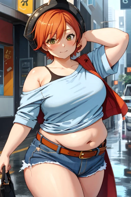 Fat Hoshizora rin, Best Quality,(beauty), 1girl,big fat body, phisically-based render ,ultra highres,(cowboy shot:1.5),narrow waist, skinny, big eyes,long legs,torn jeans,leather belt,small breasts,puffy eyes, leather belt,(rainy city), shiny skin, facing viewer, Victory posture,(midriff:0.7), sweating, flying sweat drops,torn top,off shoulder,(torn clothes:1.3)