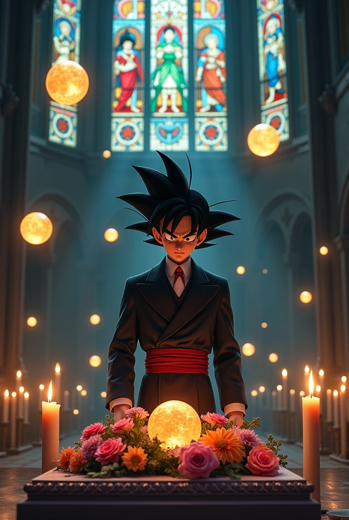 Dragon Ball characters Sun Wukong church 8k To place flowers on a grave Sad face high resolution suit Eight Dragon Balls