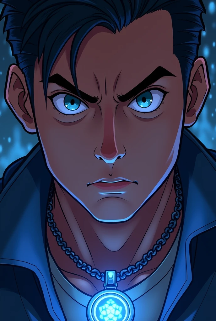 A close-up of Eli's face, illuminated by the faint glow of a mysterious amulet hanging around his neck. His expression is determined, but there's a flicker of fear in his eyes. The amulet seems to pulse with a light of its own, casting strange, twisting shadows on his skin. Cartoony style