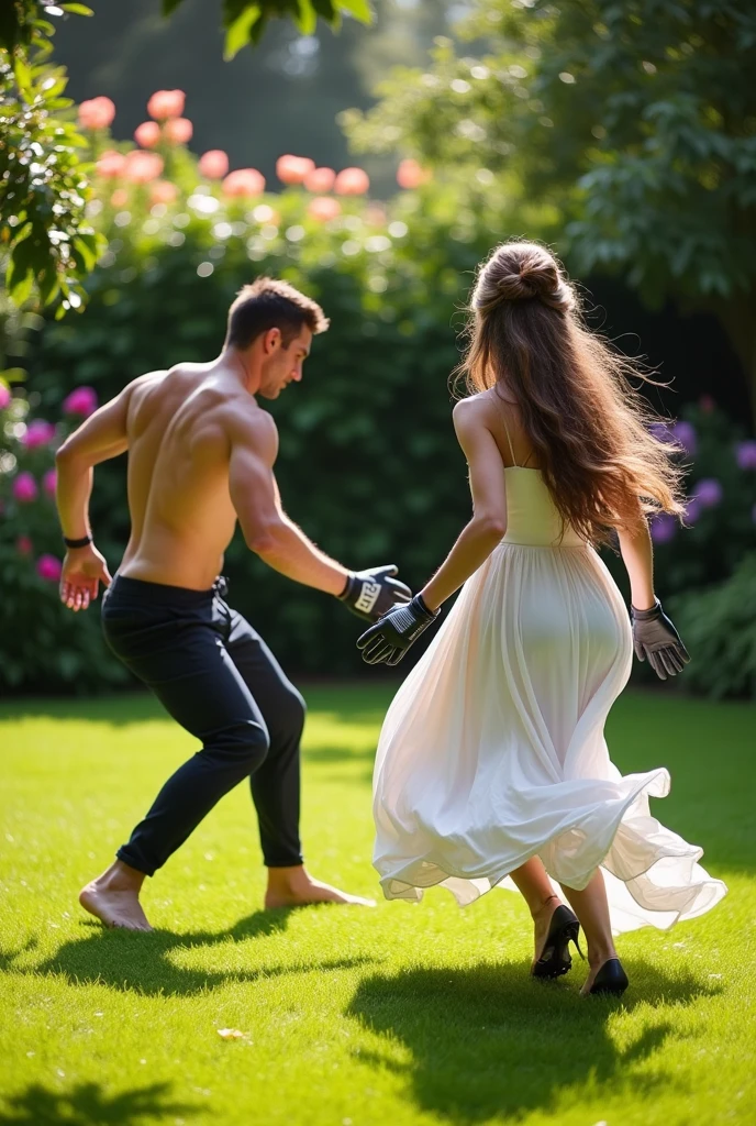 Shirtless Man But Wearing Pants Scoring A Goal Against His Girlfriend Who Is A Goalkeeper With Gloves Who Is Wearing A Dress And Castle Hair And Is Tall In The Yard Of His House