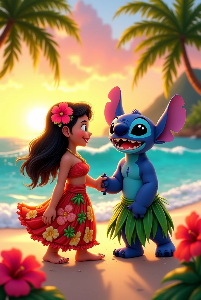 A picture of lilo , Stitch and the bride in a Hawaiian skirt