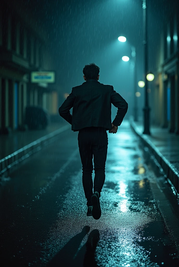 man running in a jacket in the rain at night on a deserted and dark street with his back to the camera