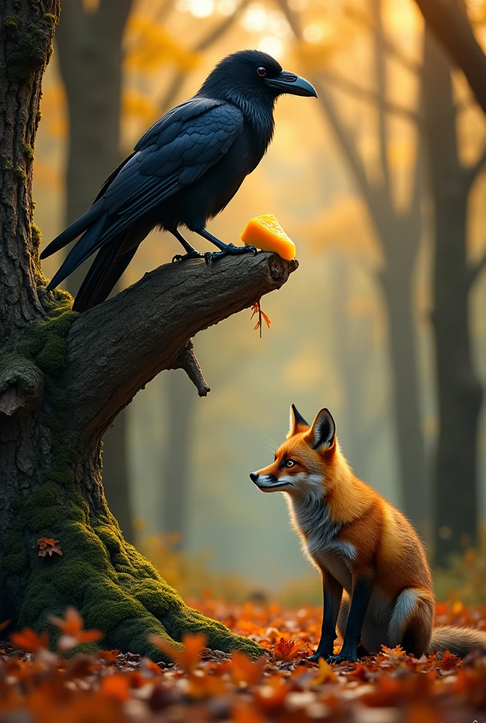 A raven in the tree with a cheese in its beak and a fox looking at the raven