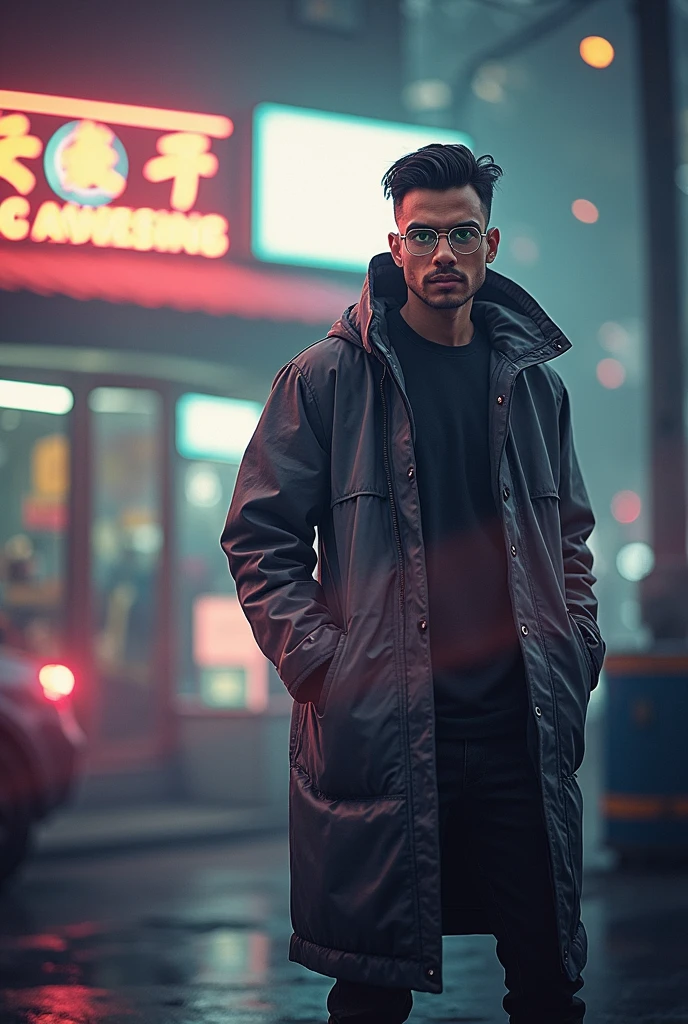 (appearance) a young man of South Asian race, with black hair, slightly narrow green eyes eyes, hair od future cyberpank,  (suite) dressed in thick black old raincoat, opaque glasses of the future with luminous lenses, rimless bottom, (effects) 8k quality, sharp focus,fine details, HDR, realism, realistic, key visual, film still, cinematic color grading, depth of field, background cyberpank, Night, neon light, (emotional) a stern face, with glowing eyes, A face in partial shade, expressive look, expressive face, sci-fi, telephoto shot, chromatic aberrations, tilt-shift effect, light leaks, expressive narrow eyebrows, narrow chin, adult face, in un orecchio 2 Piercing
