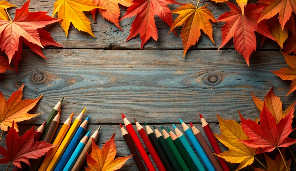 Top view of a wooden table filled with school supplies such as pencils, erasers, pens, surrounded by autumn leaves symbolizing the beginning of a new school year.