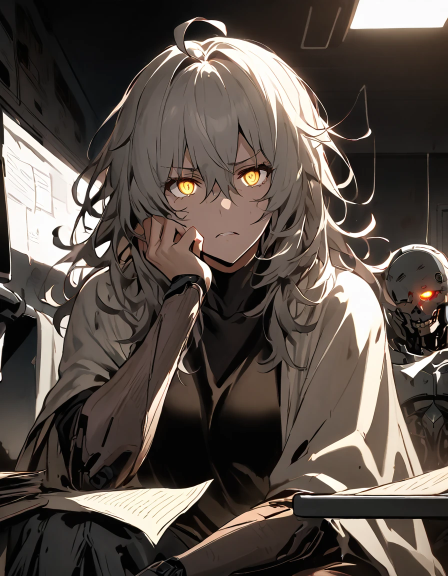 mature, Golden eyes, looking at viewer, female, hospital room background, messy hair, grey shoulder-length hair, parted lips, hair between eyes, ahoge, background in low light, dark, night, emotionless, damaged left eye, exposed eye socket, robot, white cloak, black shirt, robotic left eye, sitting down, desk, papers, glowing eyes, frown, hand on face, Damaged arms