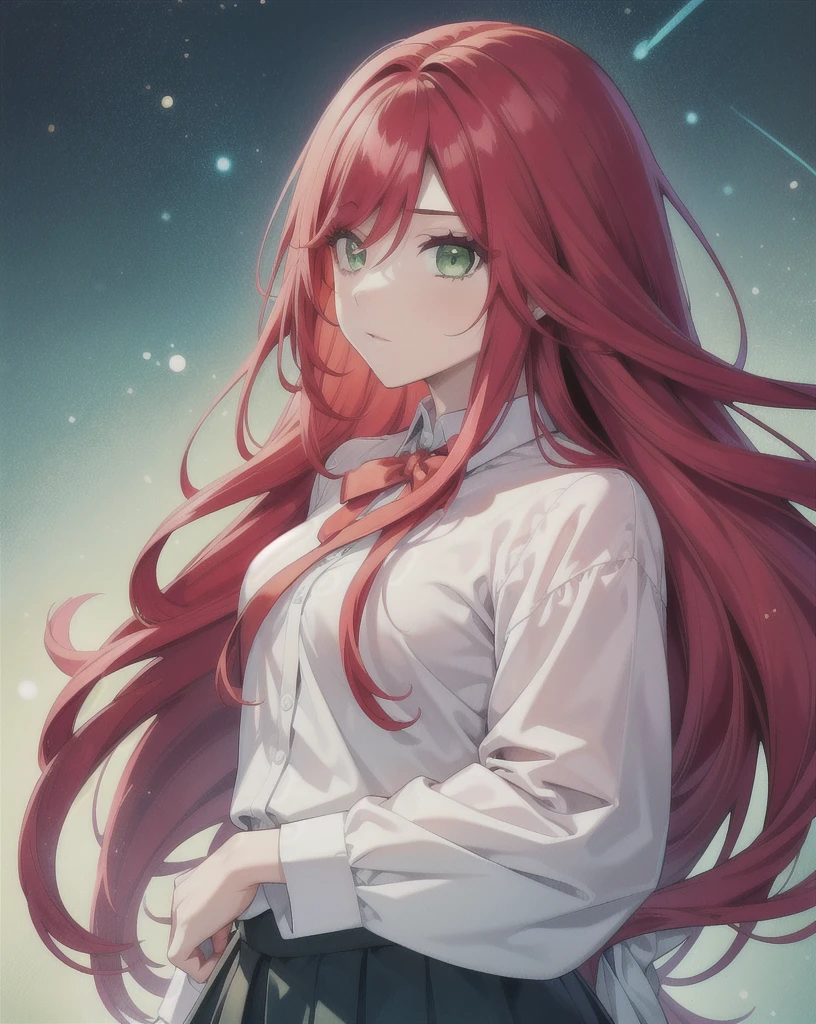 1girl,amy, long hair, red hair, green eyes, suit with long skirt, white shirt