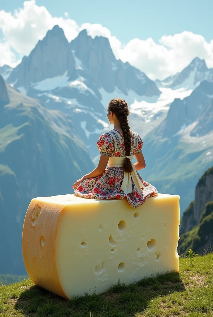 a huge block of feta cheese on the alps mountains, heidi is sitting on a block of cheese beautiful detailed mountains, snowy peaks, picturesque landscape, natural light, dramatic lighting, cinematic composition, high quality, 8k, realistic, photorealistic, masterpiece