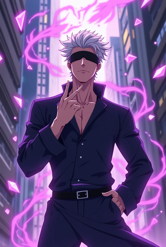 Satoru Gojo, white hair up,blindfolded,large sale up to the eyebrow,hand to the neck, middle finger crossing with the index finger,Purple Spell,anime image.
