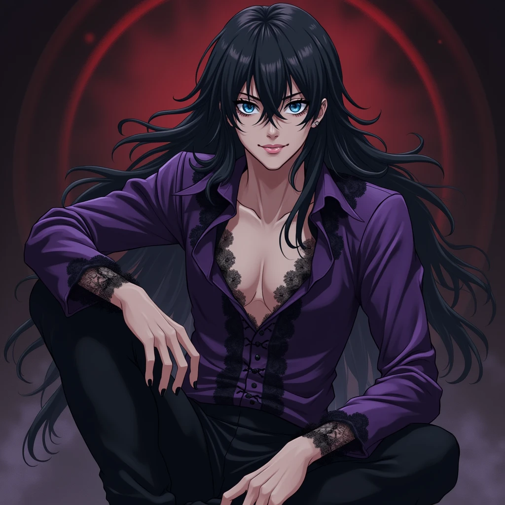 A sexy young male, black long hair, teal blue eyes. Gothic clothes. (Male) (no facial or body hair)) masterpiece, best quality, ultra-detailed, best shadow), (detailed background) (Purple and black) pretty handsome. Sexy Cute. No facial hair. No body hair. Wink. Seductive. Sexy. Pale and white skin. Smirking. Anime style. Blood. Vampire. Sexy. Death note style. Pink lips. SENSUAL. Purple and black gothic frilly clothes. Long lashes. Sexy pose. Crossing legs.